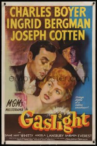 1z121 GASLIGHT linen 1sh 1944 art of Ingrid Bergman between Charles Boyer & Joseph Cotten, rare!