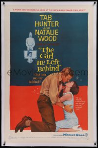 1z129 GIRL HE LEFT BEHIND linen 1sh 1956 romantic image of Tab Hunter about to kiss Natalie Wood!