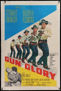 1z138 GUN GLORY linen 1sh 1957 cool artwork of Stewart Granger turning & shooting, Rhonda Fleming!