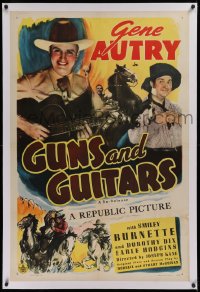 1z141 GUNS & GUITARS linen 1sh R1945 art of cowboy Gene Autry & Smiley Burnette singing & w/bad guys!
