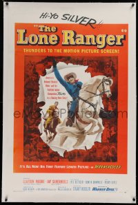 1z191 LONE RANGER linen 1sh 1956 cool art of Clayton Moore & Silver leaping out of the poster!