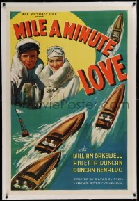 1z213 MILE A MINUTE LOVE linen 1sh 1937 great art of William Bakewell, Arletta Duncan & speedboats!