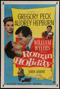 1z280 ROMAN HOLIDAY linen 1sh 1953 Audrey Hepburn & Gregory Peck about to kiss and riding on Vespa!