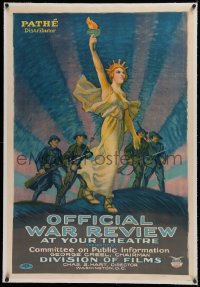 1z242 OFFICIAL WAR REVIEW linen 1sh 1918 best art of Lady Liberty leading soldiers to battle, rare!