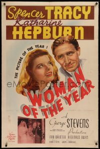 1z354 WOMAN OF THE YEAR linen style C 1sh 1942 art of Spencer Tracy & Katharine Hepburn, very rare!