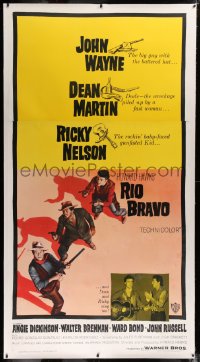 2a042 RIO BRAVO linen 3sh 1959 John Wayne, Ricky Nelson, Dean Martin, Brennan, Hawks, ultra rare!