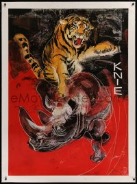 2a117 KNIE linen 36x50 Swiss circus poster 1972 cool art of circus tiger over rhinocerous!