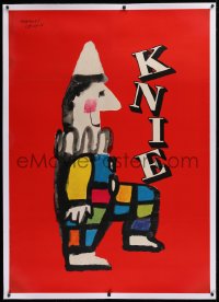 2a116 KNIE linen 36x50 Swiss circus poster 1956 colorful art of clown balancing title on knee, rare!