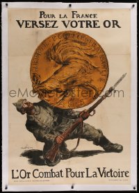 2a122 POUR LA FRANCE VERSEZ VOTRE OR linen 31x45 French WWI war poster 1915 Faivre gold coin art!