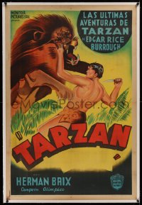 2b094 TARZAN linen Argentinean 1940s cool art of the King of the Jungle Herman Brix fighting lion!