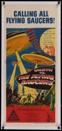 2b097 EARTH VS. THE FLYING SAUCERS linen Aust daybill 1956 Harryhausen, cool art of UFOs & aliens!