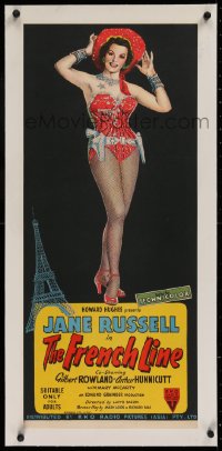 2b098 FRENCH LINE linen Aust daybill 1954 Howard Hughes, hand litho of sexy showgirl Jane Russell!