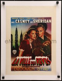 2b181 CITY FOR CONQUEST linen Belgian R1950s art of boxer James Cagney & Ann Sheridan in New York!
