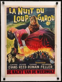2b183 CURSE OF THE WEREWOLF linen Belgian 1961 art of monster Oliver Reed with girl over angry mob!