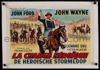 2b212 SHE WORE A YELLOW RIBBON linen Belgian R1950s art of John Wayne on horse w/soldiers, John Ford