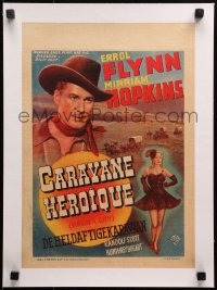 2b218 VIRGINIA CITY linen Belgian 1947 art of cowboy Errol Flynn and sexiest Miriam Hopkins, rare!