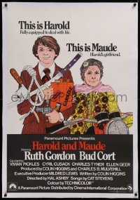 2b150 HAROLD & MAUDE linen English 1sh 1972 best color art of Ruth Gordon & Bud Cort with weapons!