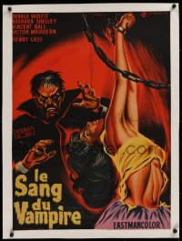 2b165 BLOOD OF THE VAMPIRE linen French 22x31 1960 Symeoni art of monster torturing woman, rare!