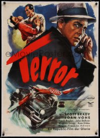 2b138 TERROR AT MIDNIGHT linen German 1957 Scott Brady, Joan Vohs, film noir, cool car crash art!
