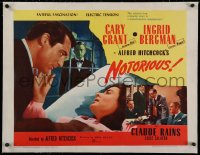 2b281 NOTORIOUS linen 1/2sh R1954 Cary Grant, Ingrid Bergman, Claude Rains, Alfred Hitchcock!