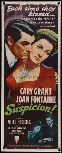 2b246 SUSPICION linen insert R1953 Alfred Hitchcock, art of Cary Grant & Joan Fontaine, ultra rare!