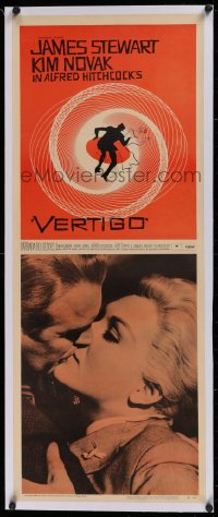 2b248 VERTIGO linen insert 1958 Alfred Hitchcock classic, Saul Bass art + Stewart & Novak kissing!