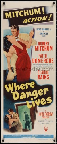 2b249 WHERE DANGER LIVES linen insert 1950 art of Robert Mitchum & Faith Domergue + Rains with gun!