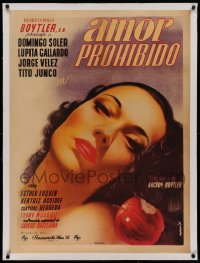 2b105 AMOR PROHIBIDO linen Mexican poster 1945 art of sexy Lupita Gallardo & bitten apple, rare!