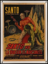 2b112 SANTO VS. LA INVASION DE LOS MARCIANOS linen Mexican poster 1967 masked wrestler in space!