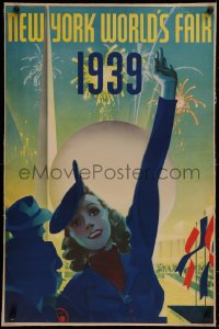 2b380 1939 NEW YORK WORLD'S FAIR linen 20x30 special poster 1939 Staehle Trylon & Perisphere art, rare!