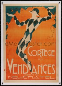 2b388 CORTEGE DES VENDANGES linen 28x39 Swiss festival poster 1922 Jean Convert art of harlequin!