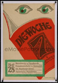 2b357 DIE WOCHE linen 19x28 German advertising poster 1914 cool art of eyes reading this newspaper!