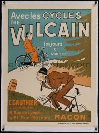 2b360 VULCAIN linen 23x31 French advertising poster 1910s cool art of man & woman riding bicycles!