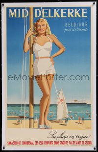 2b326 MIDDELKERKE linen 25x39 Belgian travel poster 1950s Varbaere art of girl in swimsuit on beach!