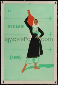 2b328 SABENA LEBANON linen 26x39 Belgian travel poster 1950s art of woman with pottery on shoulder!