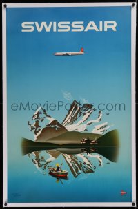 2b321 SWISSAIR linen 26x40 Swiss travel poster 1956 Leupin art of plane flying over the Alps, rare!
