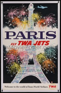 2b308 TWA PARIS linen 25x40 travel poster 1960s great David Klein art of Eiffel Tower & fireworks!