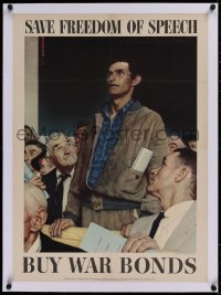 2b352 SAVE FREEDOM OF SPEECH linen 20x28 WWII war poster 1943 Norman Rockwell Four Freedoms art!