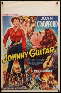 2c452 JOHNNY GUITAR Belgian 1954 artwork of Joan Crawford reaching for gun, Nicholas Ray classic!