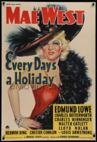 2c365 EVERY DAY'S A HOLIDAY 1sh 1937 incredible art of sexy Mae West w/hat & feathers, ultra rare!