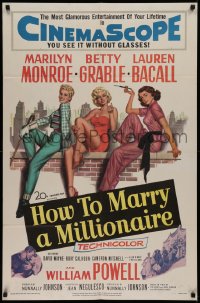 2c128 HOW TO MARRY A MILLIONAIRE 1sh 1953 art of sexy Marilyn Monroe, Betty Grable & Lauren Bacall!