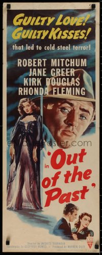 2c091 OUT OF THE PAST insert R1953 art of Robert Mitchum & Jane Greer with Kirk Douglas added!