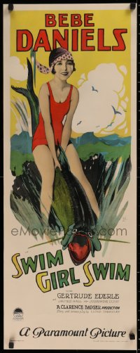 2c096 SWIM GIRL SWIM insert 1927 great art of Bebe Daniels riding fish, Gertrude Ederle, ultra rare!