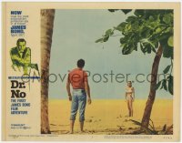 2c209 DR. NO LC #6 1963 Sean Connery as James Bond stares at sexy Ursula Andress across beach!