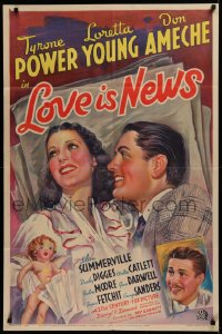 2c131 LOVE IS NEWS 1sh 1937 great art of Loretta Young , Tyrone Power, Don Ameche & Cupid, rare!