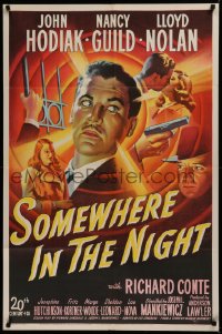 2c142 SOMEWHERE IN THE NIGHT 1sh 1946 amnesiac John Hodiak, Nancy Guild, cool noir art montage!