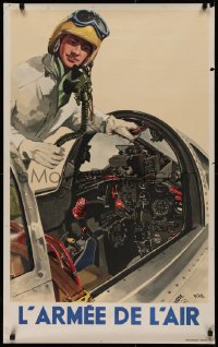 2c322 L'ARMEE DE L'AIR 24x39 French military recruitment poster 1950s Delfo art of pilot by cockpit!