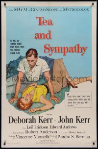 2c369 TEA & SYMPATHY 1sh 1956 great artwork of Deborah Kerr & John Kerr by Gale, classic tagline!