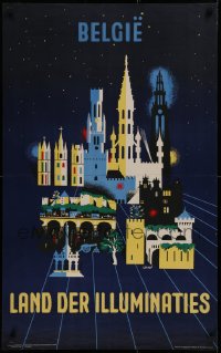 2c274 BELGIE LAND DER ILLUMINATIES 24x39 Belgian travel poster 1950s Conrad art of city at night, rare!
