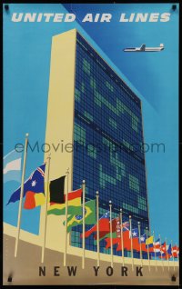 2c283 UNITED AIR LINES NEW YORK 25x40 travel poster 1950s Binder art of UN building, ultra rare!